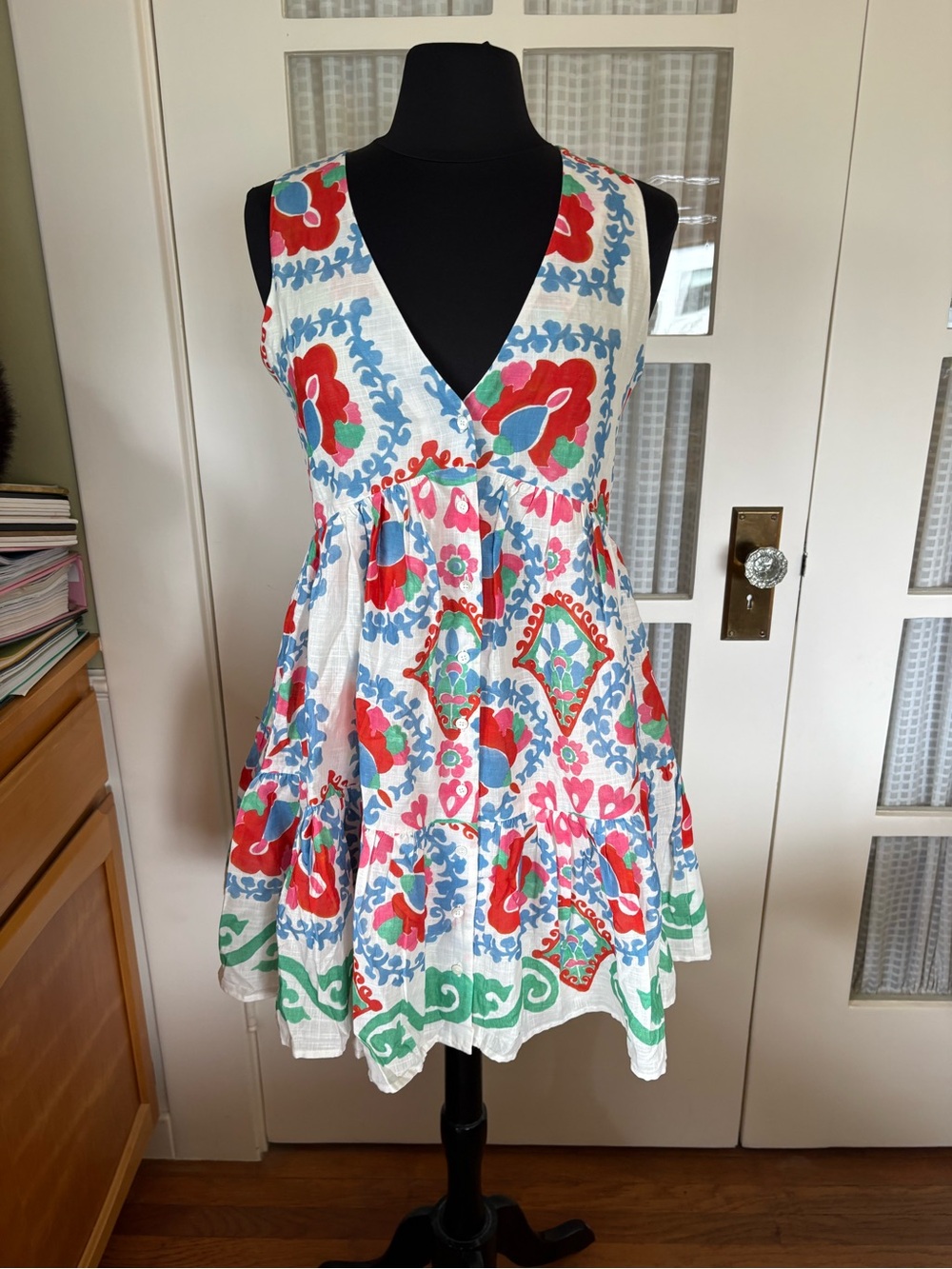 Sezane White Mini Dress with Red, Blue & Green Floral Print